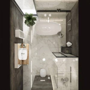 Ванная комната под мрамор (11,5 кв. м) в современном стиле с подвесной мебелью и сантехникой