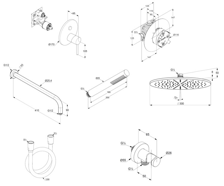 Душевой Комплект KLUDI BOZZ 38658N076 7 в 1 верхний душ 300 мм