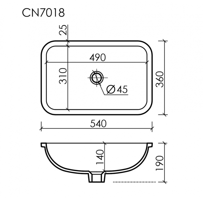 Раковина встраив снизу под столешницу 540x360x190, CN7018 с отверстием Ceramica Nova (345882)