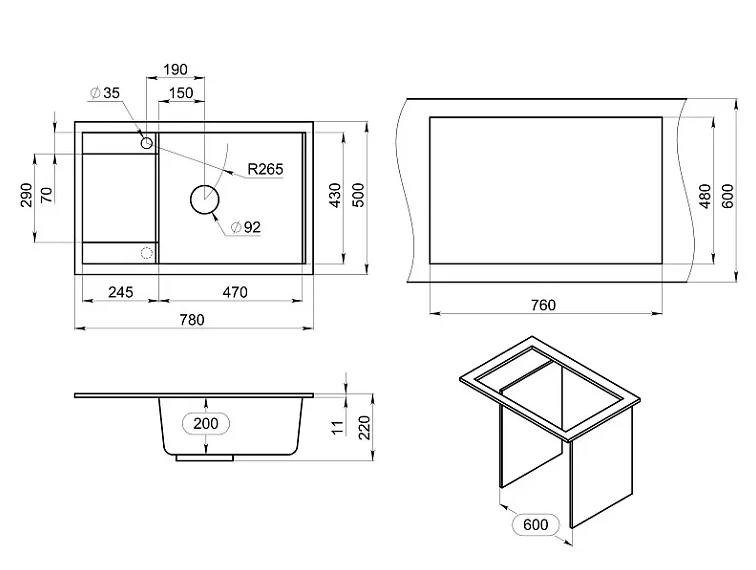 Мойка кухонная 7805, ГРАФИТ (ЧЁРНО-СЕРЫЙ) кварц Granula