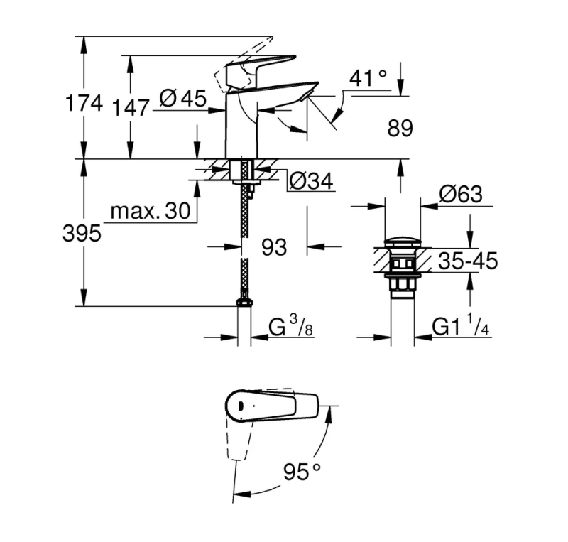 Смеситель для раковины GROHE BauEdge с донным клапаном, M-Size, хром (23901001)