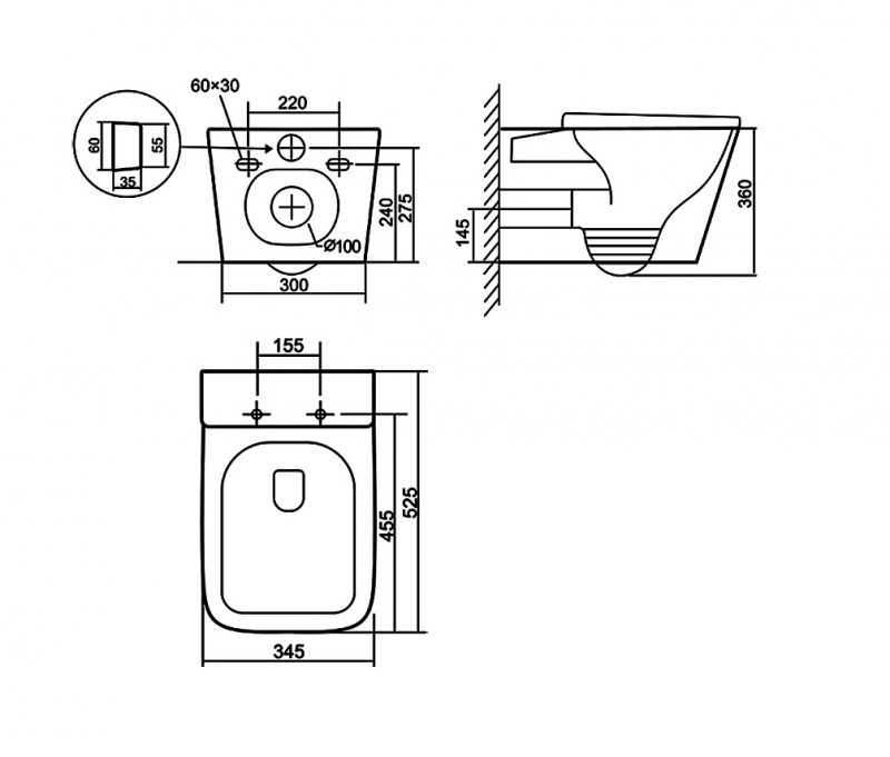 Унитаз подвесной Azario Cascad 525x345x360 безободковый, Скрытое Торнадо, в компл сид